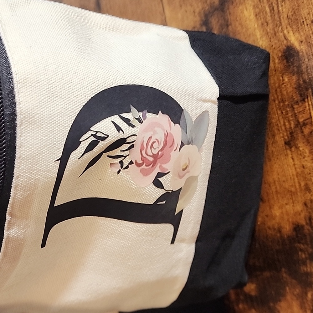 Personalized Initial D Canvas Beach Bag & Makeup Zipper Pouch - 2 Piece Set